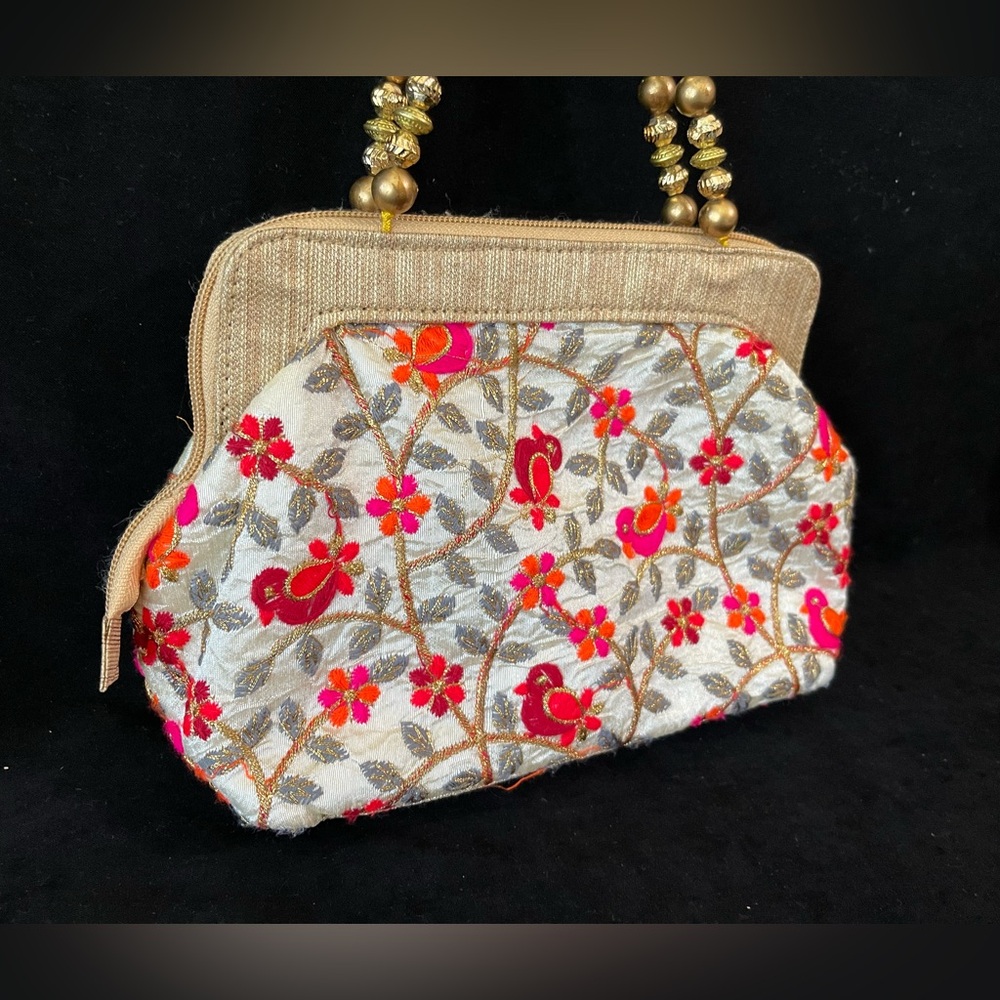 Embroidered Floral Evening Clutch in Ivory and Gold